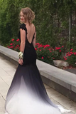 Promfast Ombre Trumpet Court Train Capeed Sleeve Appliques Side Slit Prom Dress, Formal Dress HZ0527