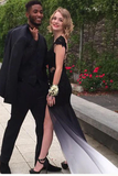 Promfast Ombre Trumpet Court Train Capeed Sleeve Appliques Side Slit Prom Dress, Formal Dress HZ0527