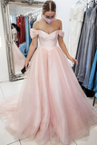 Promfast Light Pink Off The Shoulder Long Tulle Prom Evening Dress, A Line Simple Party Dress HZ0527