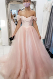 Promfast Light Pink Off The Shoulder Long Tulle Prom Evening Dress, A Line Simple Party Dress HZ0527