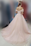 Promfast Light Pink Off The Shoulder Long Tulle Prom Evening Dress, A Line Simple Party Dress HZ0527