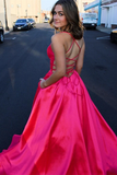 Promfast Cute A line Deep V neck Lace up Pink Satin Long Prom Dresses HZ0527