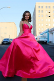 Promfast Cute A line Deep V neck Lace up Pink Satin Long Prom Dresses HZ0527