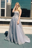 Promfast New A line Spaghetti Straps Grey Tulle Prom Dresses HZ0527