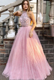 Promfast Sparkly Tulle A line Halter Appliqued Long Prom Dresses, Evening Gowns HZ0527