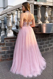 Promfast Sparkly Tulle A line Halter Appliqued Long Prom Dresses, Evening Gowns HZ0527