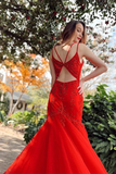 Promfast Chic Mermaid Red Spaghetti Straps V Neck Applique Prom Dress Tulle Evening Dress HZ0527