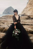 Promfast Chic V neck Black Wedding Dress Lace Open Back Long Sleeve Wedding Dresses Bridal Gowns HZ0527