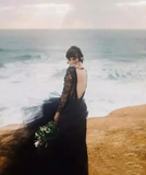 Promfast Chic V neck Black Wedding Dress Lace Open Back Long Sleeve Wedding Dresses Bridal Gowns HZ0527