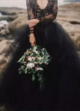Promfast Chic V neck Black Wedding Dress Lace Open Back Long Sleeve Wedding Dresses Bridal Gowns HZ0527