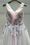Promfast Beautiful Prom Dress A line V neck Applique Ombre Tulle Long Prom Dresses Evening Dress HZ0527