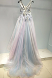 Promfast Beautiful Prom Dress A line V neck Applique Ombre Tulle Long Prom Dresses Evening Dress HZ0527