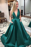 Promfast Dark Green Satin A Line V Neck Prom Dresses With Pockets, Evening Gown HZ0527