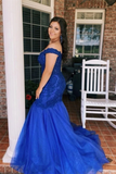 Promfast Chic Mermaid Off The Shoulder Royal Blue Prom Dress Tulle Evening Dresses HZ0527