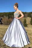 Promfast A Line Satin V Neck Beading Long Prom Dress V Back Evening Dresses HZ0527