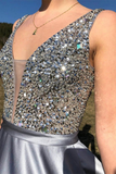 Promfast A Line Satin V Neck Beading Long Prom Dress V Back Evening Dresses HZ0527