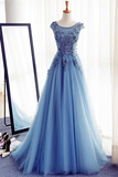 Promfast Chic A line Scoop Beaded Long Prom Dress Tulle Applique Evening Party Dress HZ0527
