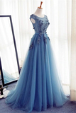 Promfast Chic A line Scoop Beaded Long Prom Dress Tulle Applique Evening Party Dress HZ0527