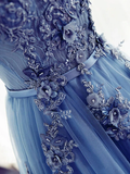 Promfast Chic A line Scoop Beaded Long Prom Dress Tulle Applique Evening Party Dress HZ0527
