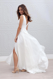 Promfast Deep V Neck Side Slit Wedding Dresses,Simple V Back Beach Wedding Gown HZ0527