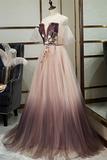 Promfast Unique A Line Tulle Applique Long Prom Dress Formal Evening Dress HZ0527