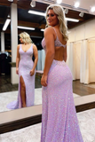 Promfast Chic A Line V Neck Sparkly Long Prom Dresses Sleeveless Evening Dress With Split HZ0527