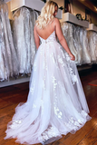 Promfast A line Spaghetti Straps Applique Wedding Dress Backless Tulle Bridal Dress HZ0527