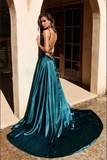 Promfast Simple Dark Green Satin A line Backless Long Prom Dresses with High Slit HZ0527