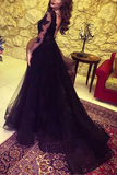 Promfast Black Tulle Lace Long Sleeve Prom Dress With Split HZ0527