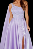 Promfast A Line One Shoulder Satin Split Front Floor Length Prom Dress HZ0527