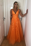 Promfast A Line V Neck Backless Lace Appliques Orange Prom Dresses, Formal Dresses HZ0527