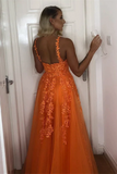 Promfast A Line V Neck Backless Lace Appliques Orange Prom Dresses, Formal Dresses HZ0527