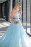 Promfast Chic A Line Spaghetti Straps Two Pieces Prom Dresses Lace Tulle Evening Dress HZ0527