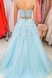 Promfast Chic A Line Spaghetti Straps Two Pieces Prom Dresses Lace Tulle Evening Dress HZ0527
