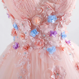 Promfast Pink Princess Blush Ball Gown 3D Floral Applique V Neck Boho Prom Quinceanera Dress HZ0527
