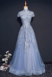 Promfast Chic High Neck Prom Dress Blue Short Sleeve Long Prom Dress Evening Dress HZ0527