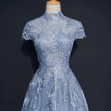 Promfast Chic High Neck Prom Dress Blue Short Sleeve Long Prom Dress Evening Dress HZ0527