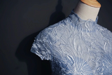 Promfast Chic High Neck Prom Dress Blue Short Sleeve Long Prom Dress Evening Dress HZ0527
