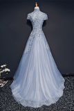 Promfast Chic High Neck Prom Dress Blue Short Sleeve Long Prom Dress Evening Dress HZ0527