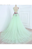 Promfast Beautiful A line Scoop Blue Long Prom Dress Floral Formal Dresses Evening Gowns HZ0527