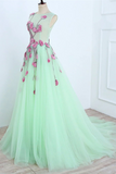 Promfast Beautiful A line Scoop Blue Long Prom Dress Floral Formal Dresses Evening Gowns HZ0527