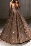 Promfast Chic A line V neck Long Sparkly Gold Prom Dresses Evening Dress HZ0527