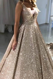 Promfast Chic A line V neck Long Sparkly Gold Prom Dresses Evening Dress HZ0527
