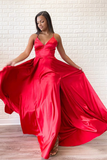 Promfast Simple Red Satin Halter V Neck A Line Sweep Train Long Prom Dress HZ0527