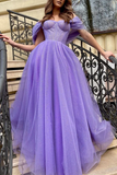 Promfast Chic A line Sparkly Off the shoulder Purple Prom Dress Tulle Evening Dress With Split Front HZ0527