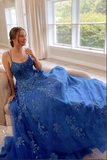 Promfast Blue Tulle Lace A line Scoop Lace Up Long Prom Dresses, Evening Gown HZ0527