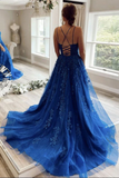 Promfast Blue Tulle Lace A line Scoop Lace Up Long Prom Dresses, Evening Gown HZ0527