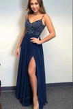 Promfast Navy Blue A line Beaded Spaghetti Straps Prom Dresses, Long Formal Dress HZ0527