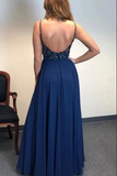 Promfast Navy Blue A line Beaded Spaghetti Straps Prom Dresses, Long Formal Dress HZ0527