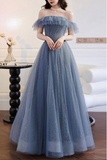 Promfast Grey Blue Tulle A line Off Shoulder Prom Dresses, Long Formal Dresses HZ0527